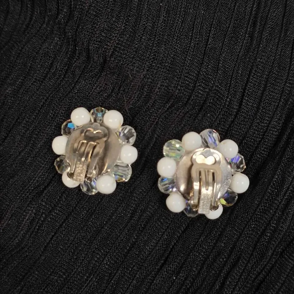 Vintage West Germany White Beaded Clip-On Earrings Aurora Borealis Rhinestone